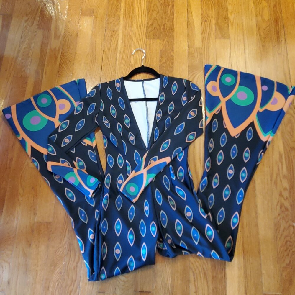 Neon Hippie Low Cut UV Light Costume, Psychedelic festival outfit with flared